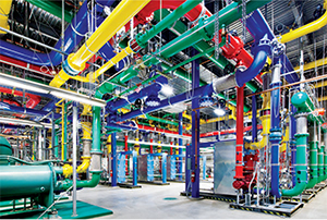 These colorful pipes are responsible for carrying water into and out of the Google Data Center in Dalles, Ore. The blue pipes supply cold water and the red pipes return the warm water back to the chiller. (Image provided courtesy of Google)