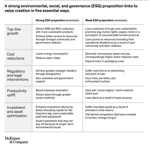 Figure 2. McKinsey and Co. identifies five ways that well-run ESG programs can benefit the enterprise